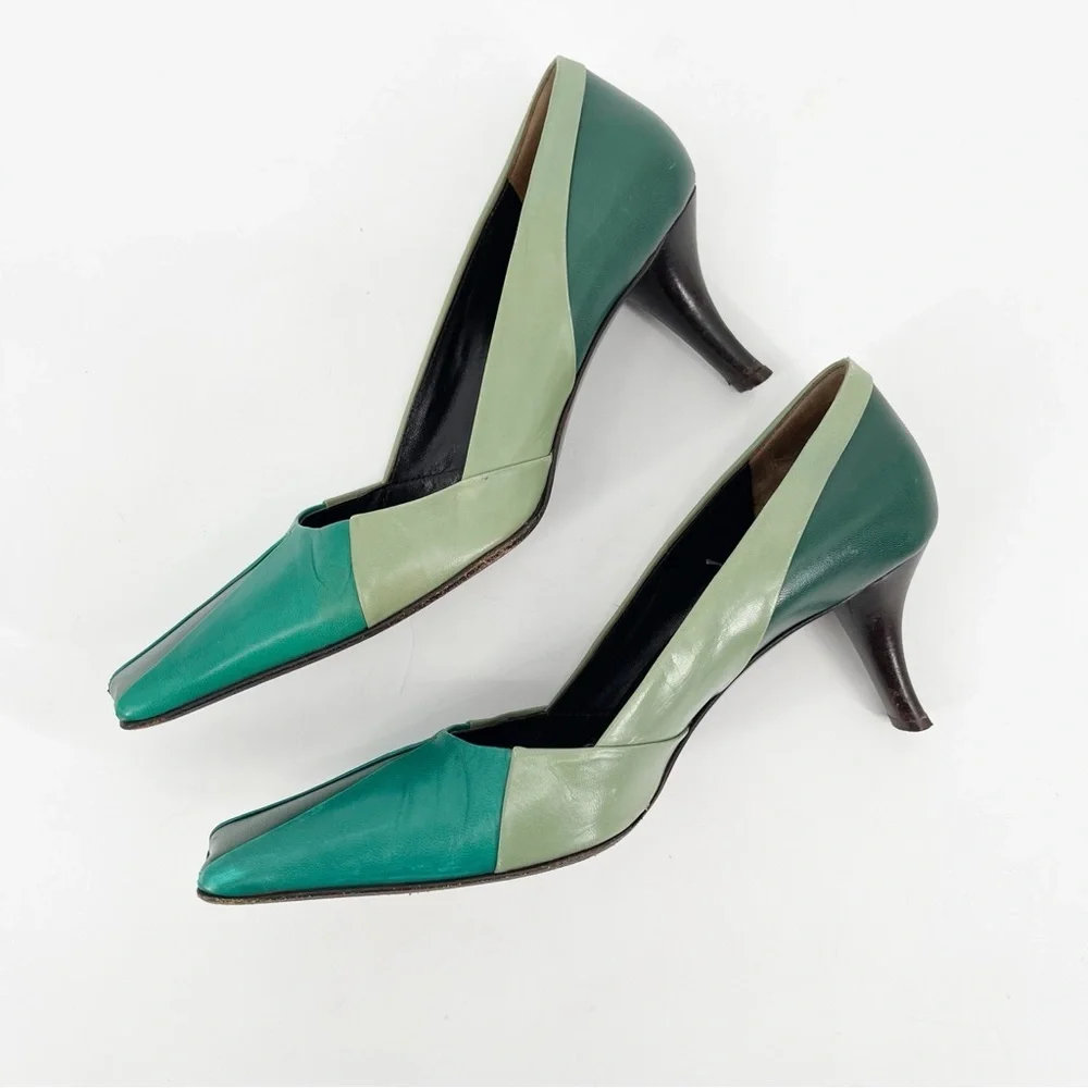 Vintage Prada Green Tricolor Colorblock Leather Square Toe Mid Heel Pumps 38.5 - Picture 4 of 11